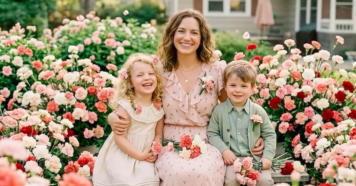 AI animated greeting card demo: a mom and two kids smiling among carnations (MagicBrew Mother's Day template)