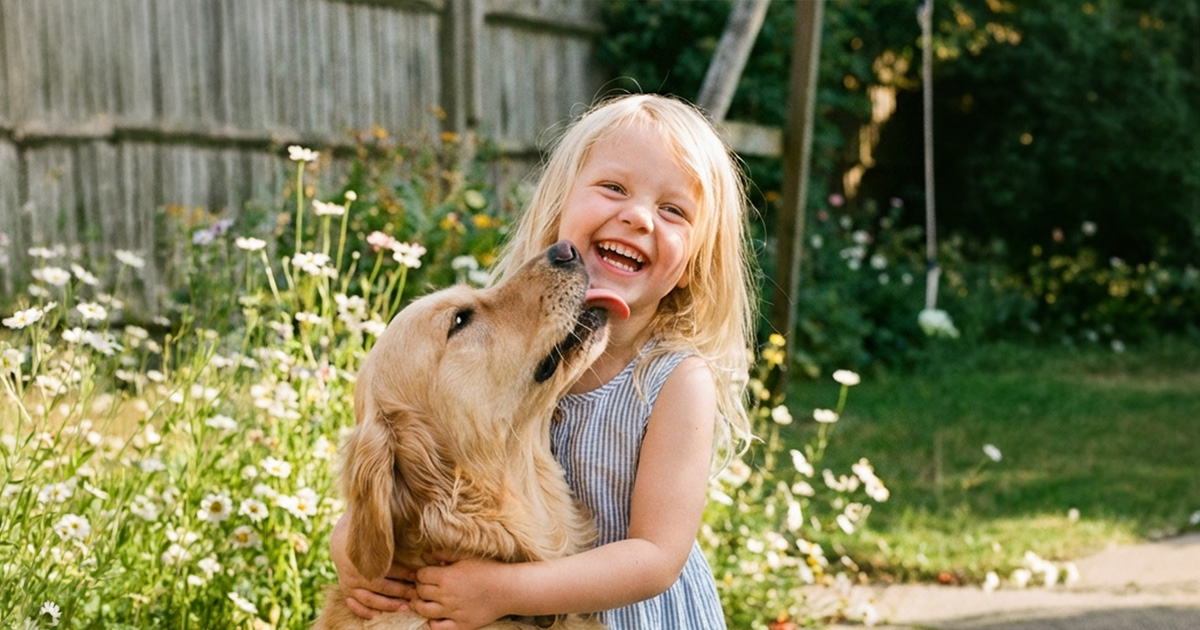 Demo de image to video: una niña con un golden retriever en un jardín de margaritas