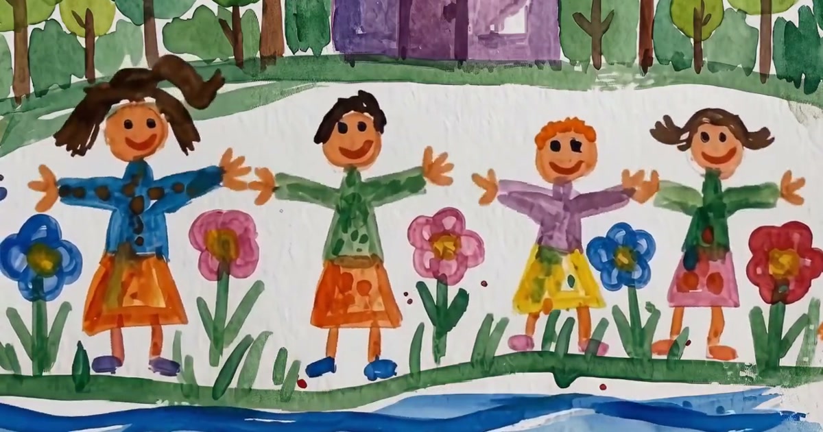 子どもの水彩画：4人の子どもが花畑と小川のそばで両手を広げて笑っている。MagicBrew の AI で生成するとアニメーションになる